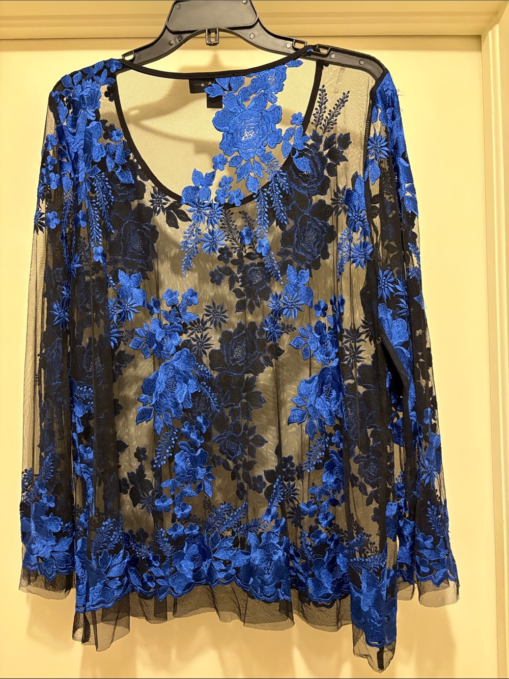 Karen Kane Black Sheer Top with Royal Blue Floral Embroidery - Picture 3 of 3